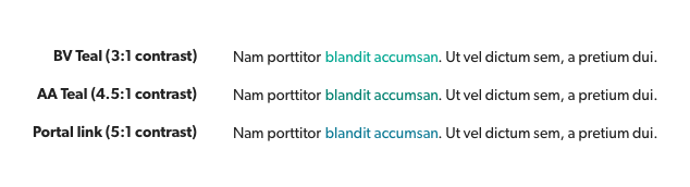 Comparison of Bazaarvoice's teal, a AA compliant adjusted color, and the blue we ended up using instead