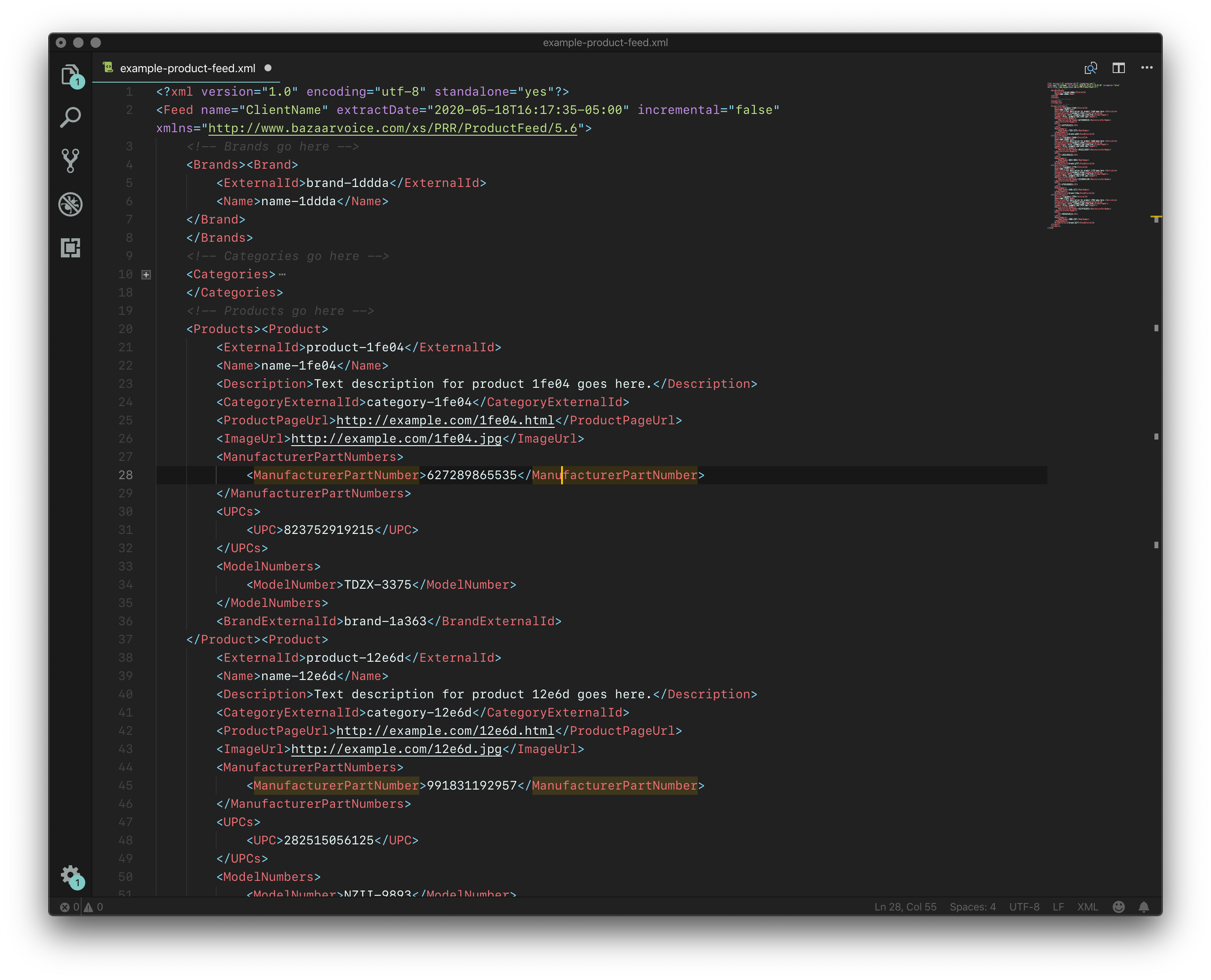 Example product feed XML file