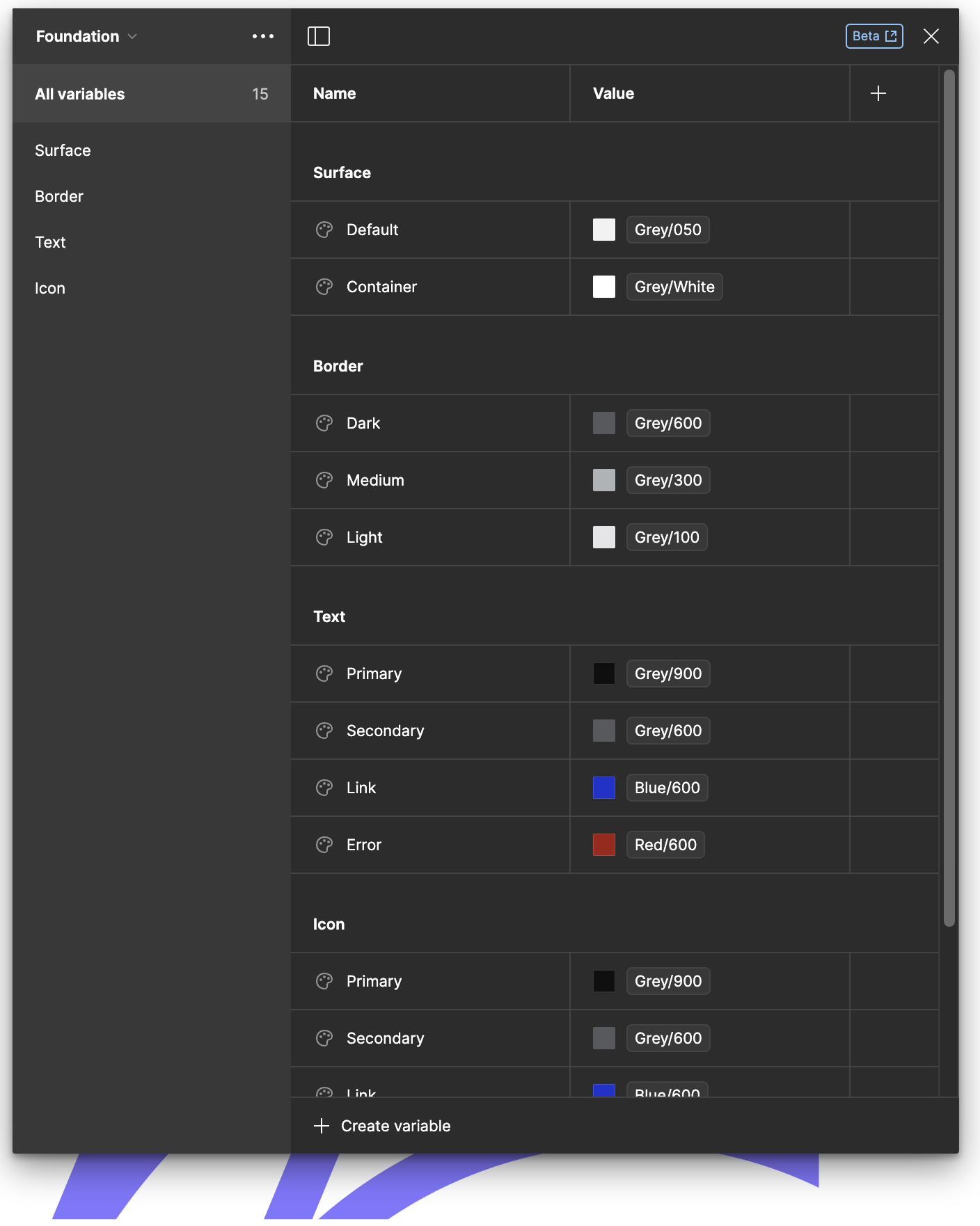 Variables from the ADL Foundations file, showing default surface, border, text and icon colors, defined by primitive colors.