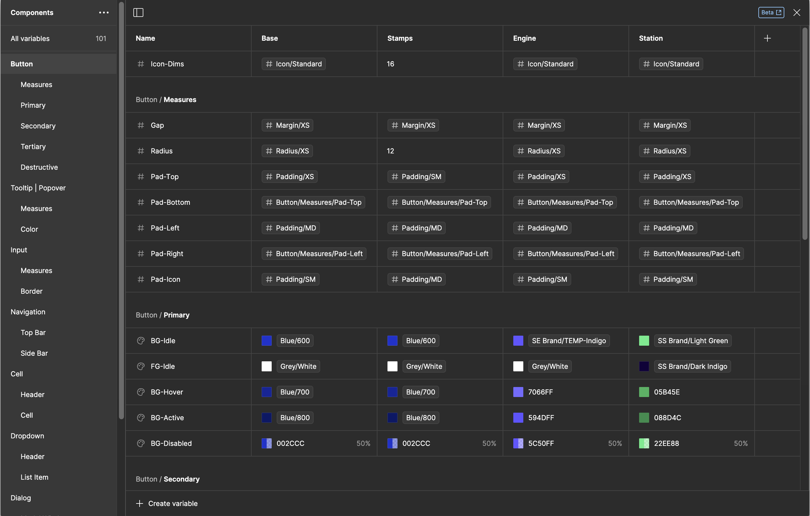 Showing all the Button variables & modes that align to brands. Most variables are based on other variables from the foundations file.