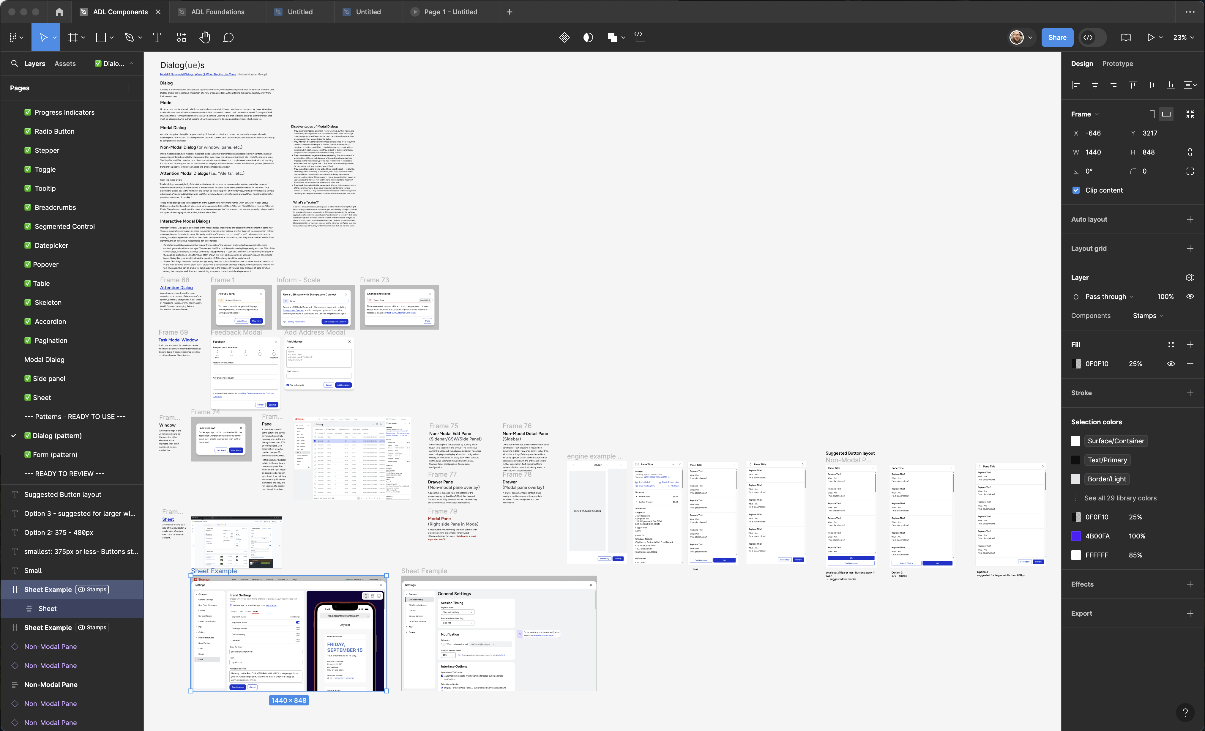 Example Figma screen from ADL Components file, documenting Dialogs