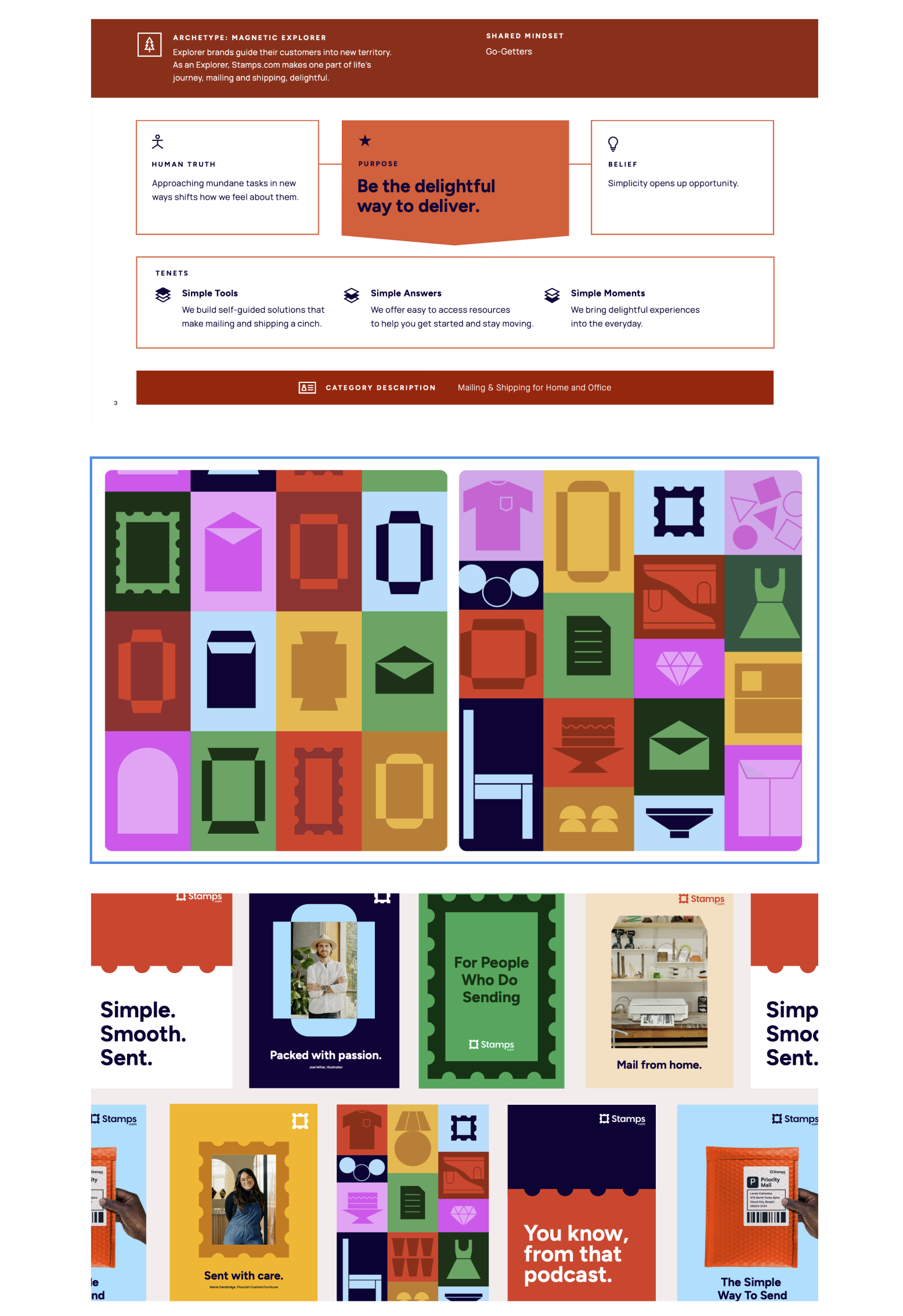 rebrand styling example. Heavy on red, blue, pink, yellow, and green. Example basic illustrations of boxes, stamps, and envelopes. Marketing collateral.