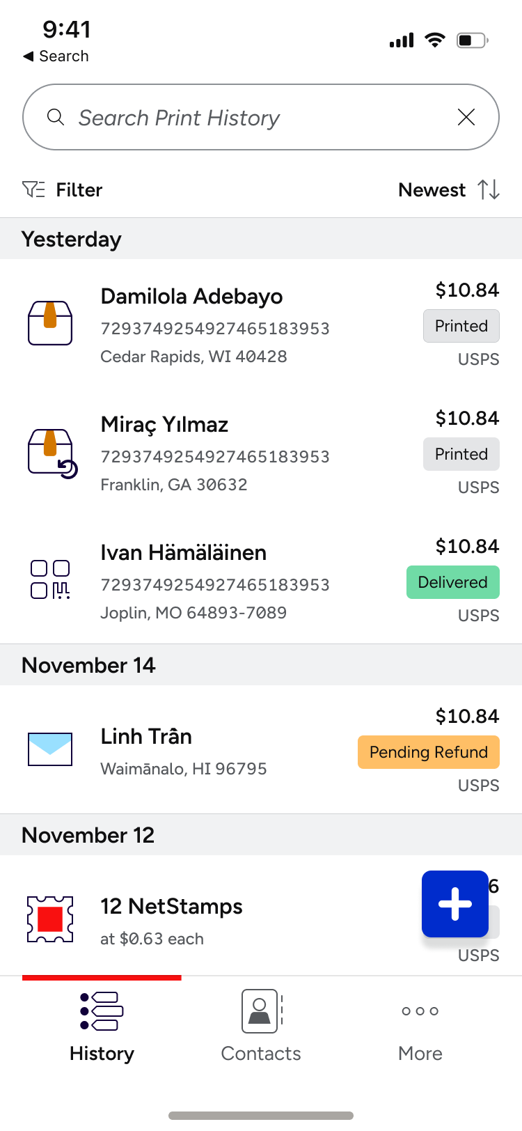 Rebrand exploration of Mobile app Print History page with brand colors and font, new iconography.