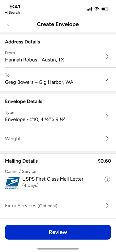 Rebrand exploration of Mobile app Create Envelope form with new colors and font.