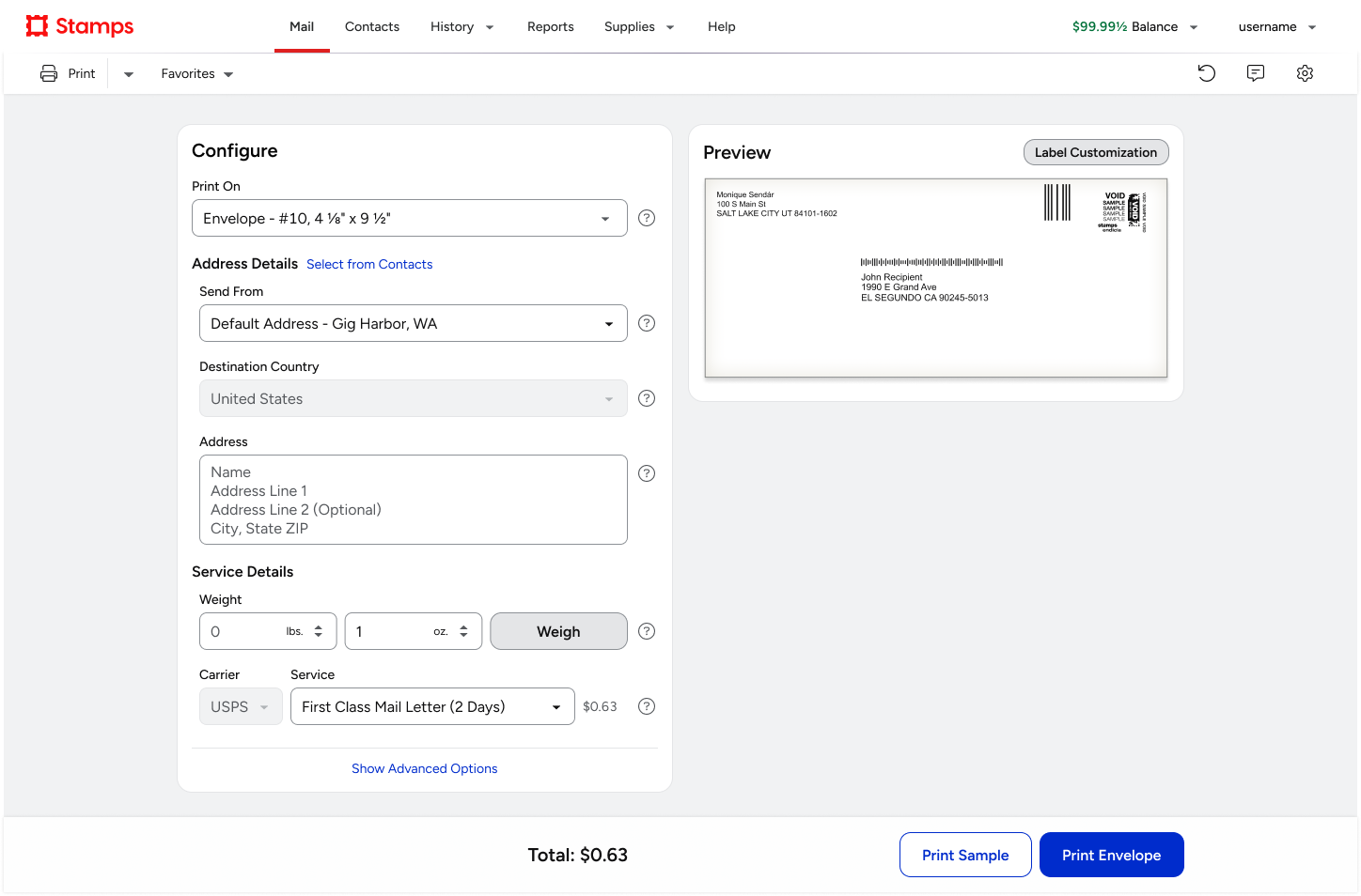 Rebranded Stamps Mail Envelope configuration