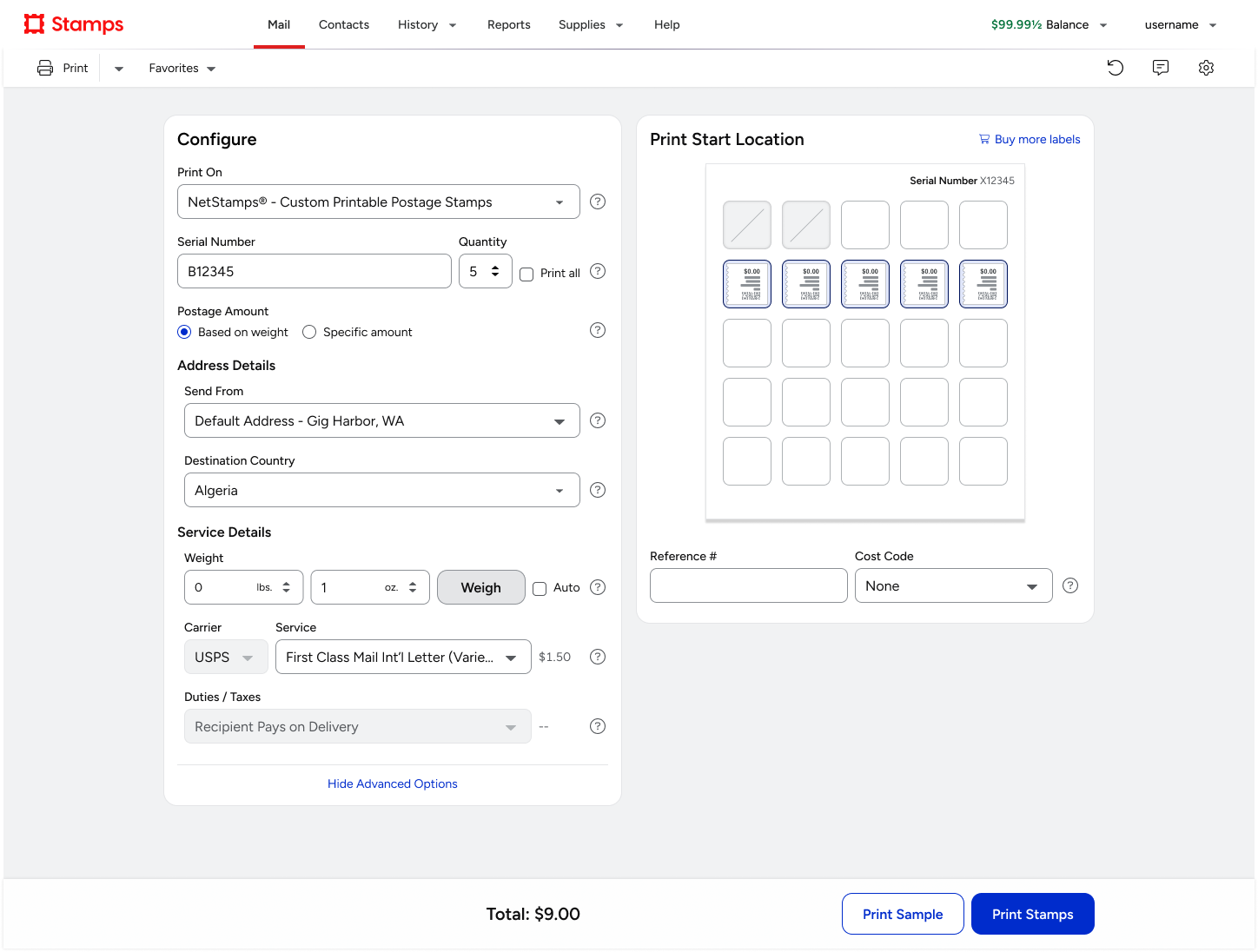 Rebranded Stamps Mail NetStamps configuration - advanced international options showing