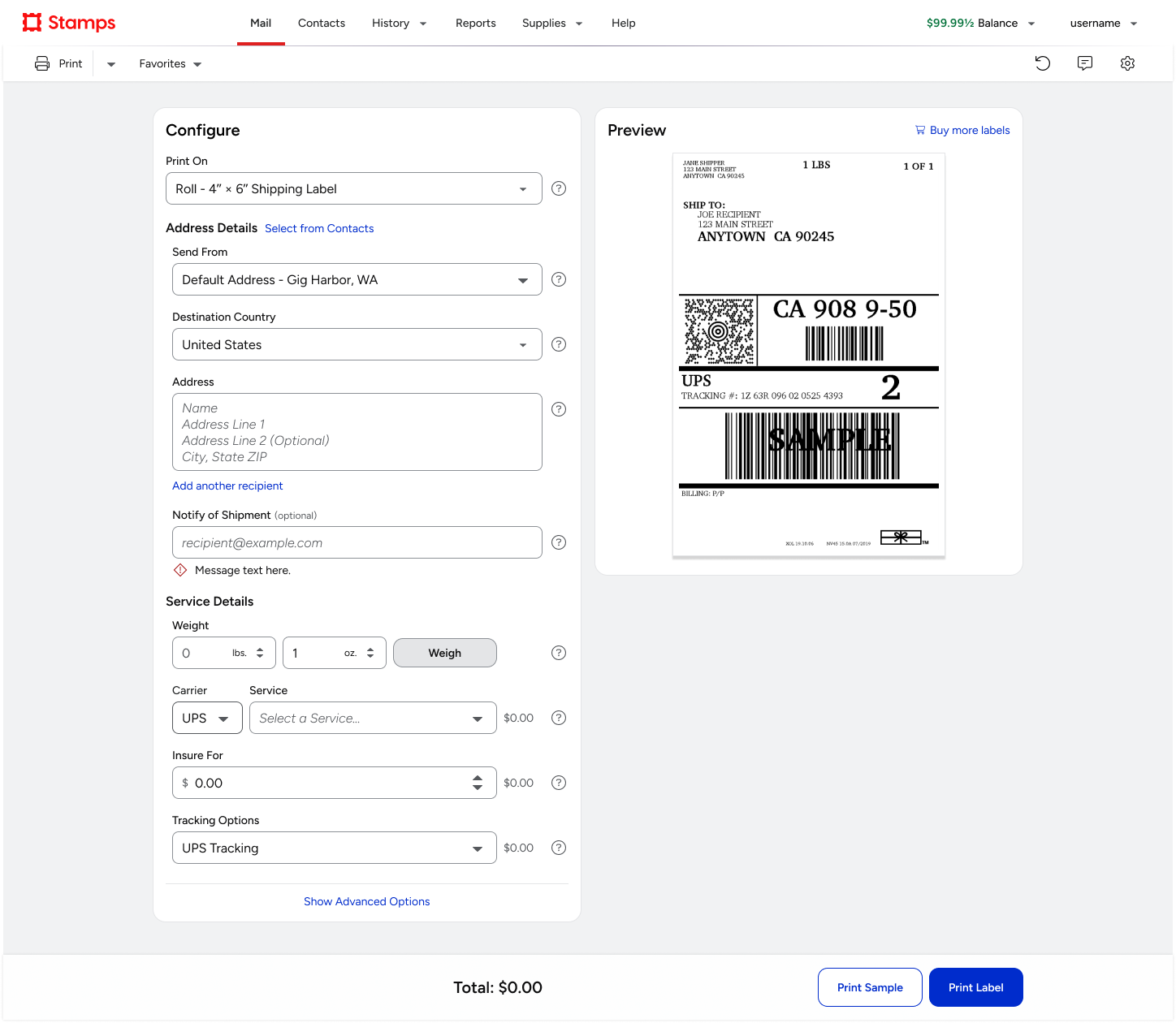 Rebranded Stamps Mail Shipping Label configuration