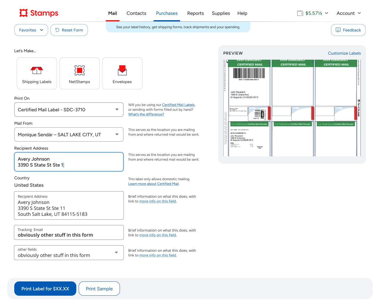 An early exploration of rebrand and redesign of the Stamps Mail page, playing with field formatting and solving the overabundance of tooltips